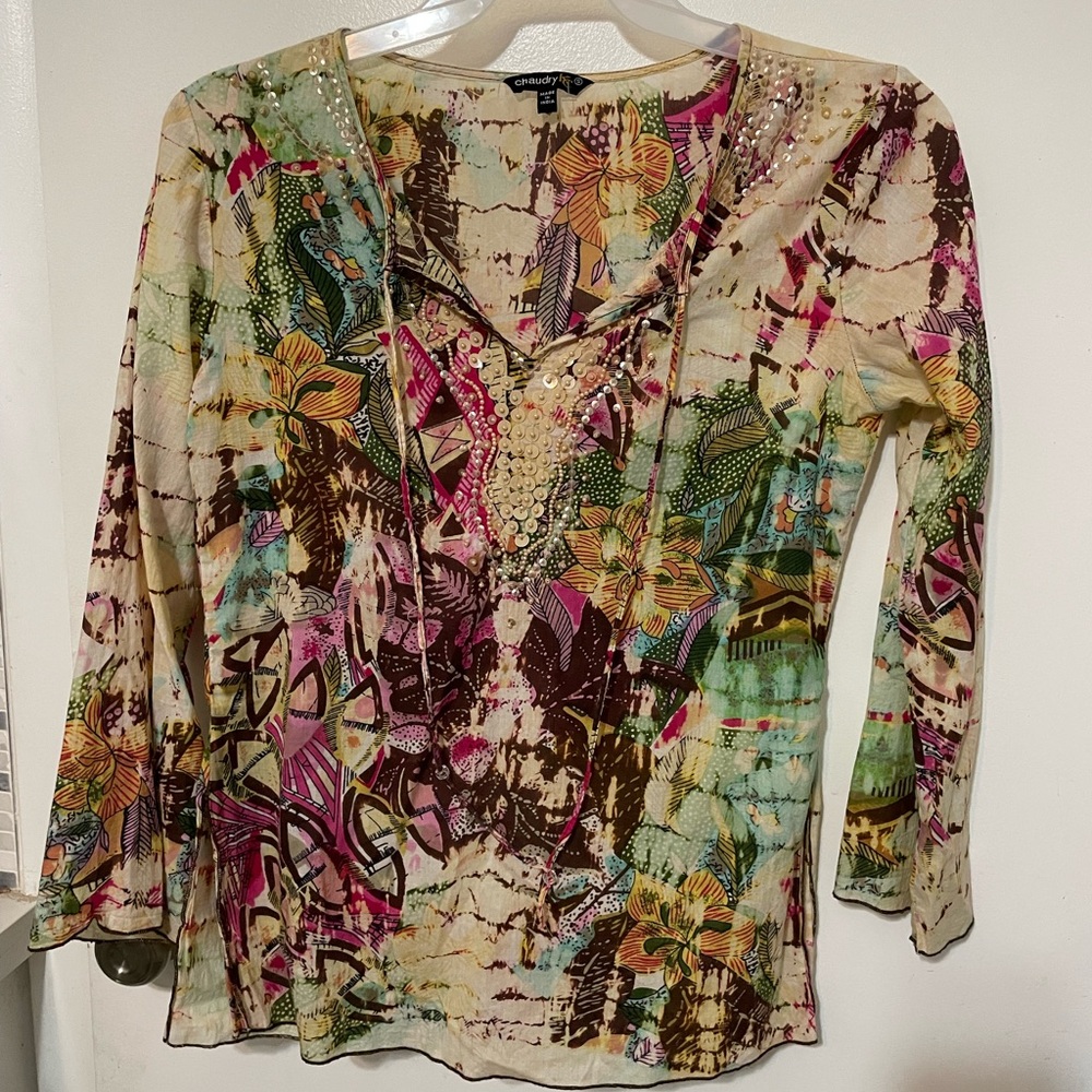 Chaudry KC Long Sleeve Art to Wear v neck tunic blouse w sequins faux pearls S